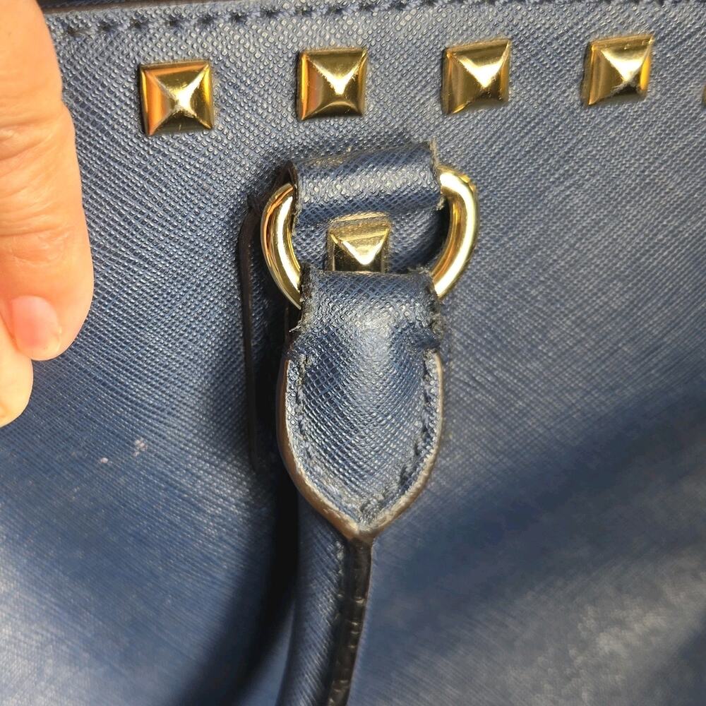 Michael Kors Navy Saffiano Leather Studded Satchel Bag Top Zip Large - Picture 14 of 14